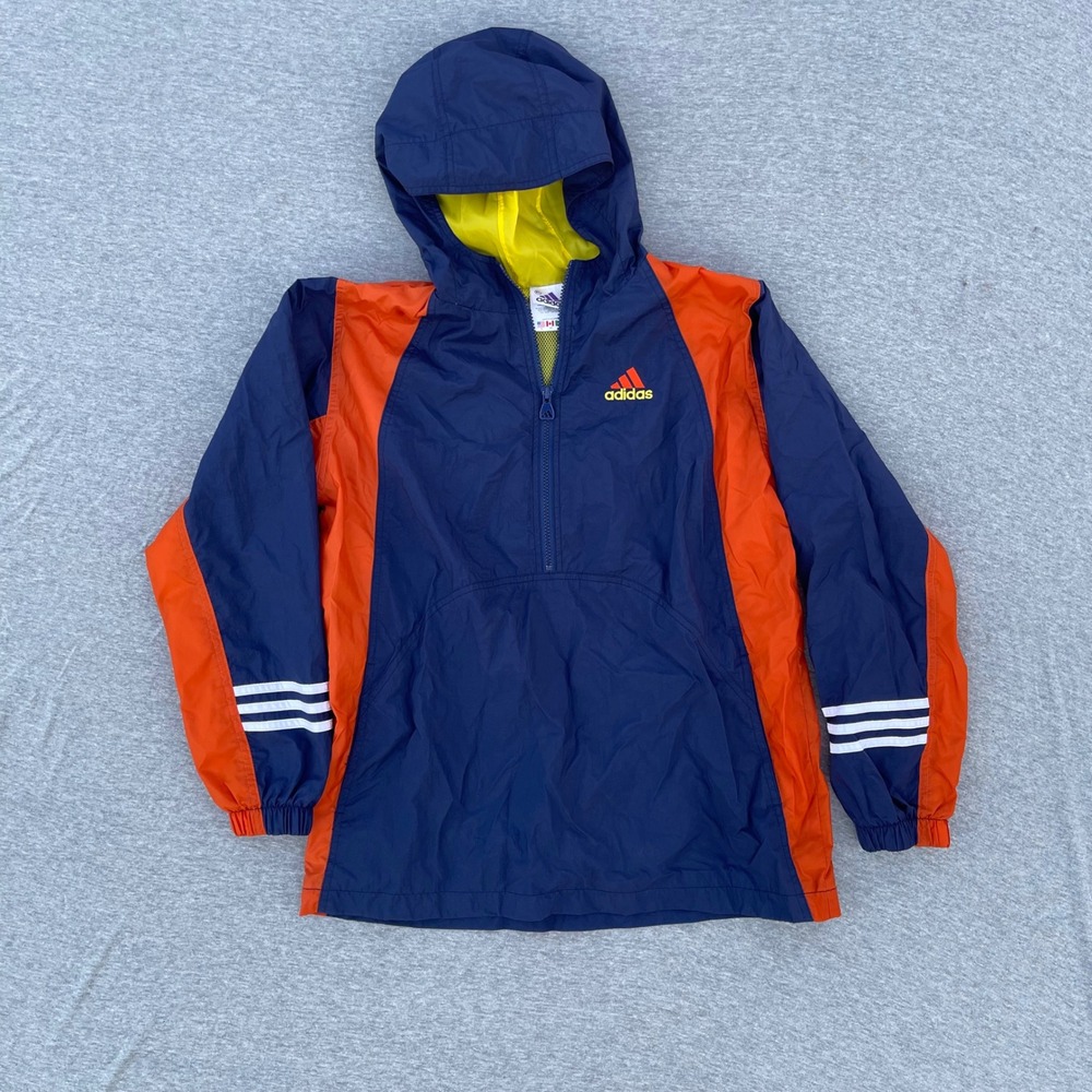 Vintage Adidas Girls XL 12-14 Hooded Windbreaker Navy Orange Half Zip Jacket
